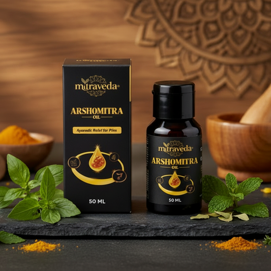 Mitraveda Arshomitra oil bottle and packaging on a dark surface with herbs and spices.