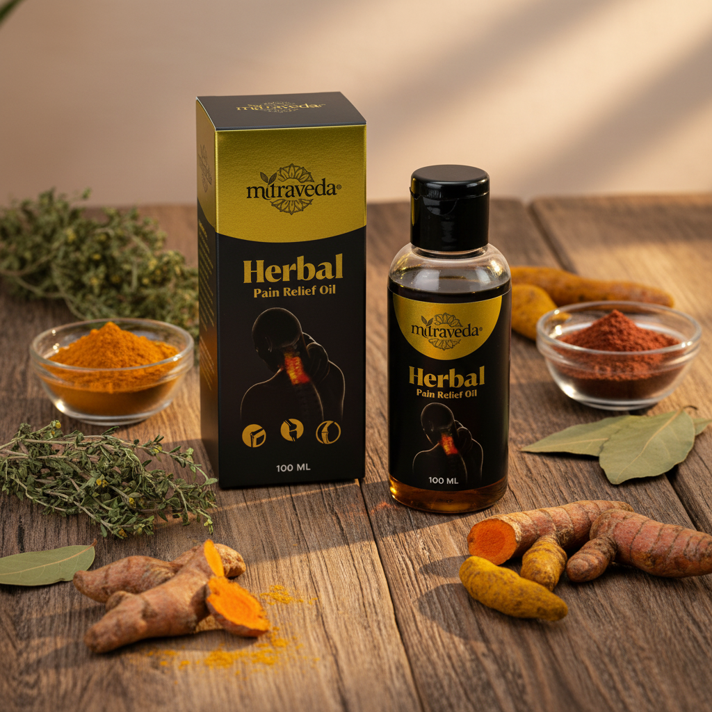 Mitraveda Herbal Pain Relief Oil bottle and packaging on a reflective surface with a blurred background