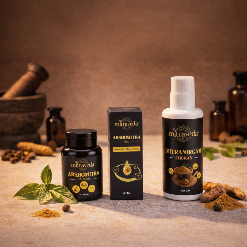Collection of Miraveda Ayurvedic products including capsules, oil, and churan on a rustic background.