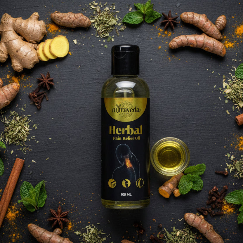 Bottle of Miraveda Herbal Pain Relief Oil on a dark background