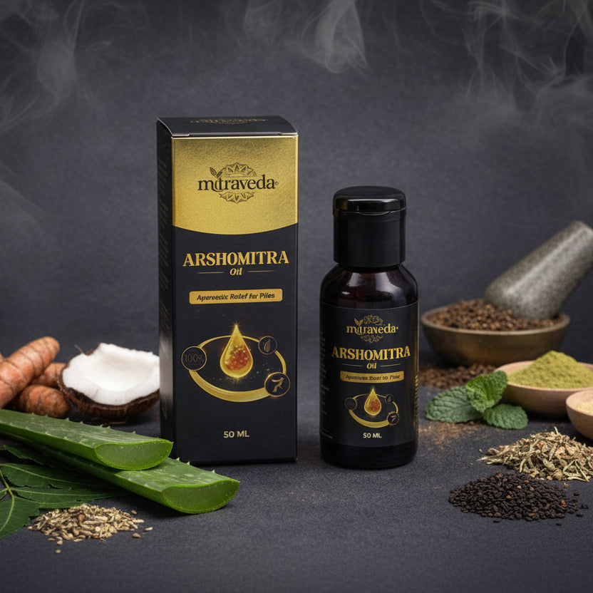 Mitraveda Arshomitra oil bottle and packaging on a dark background