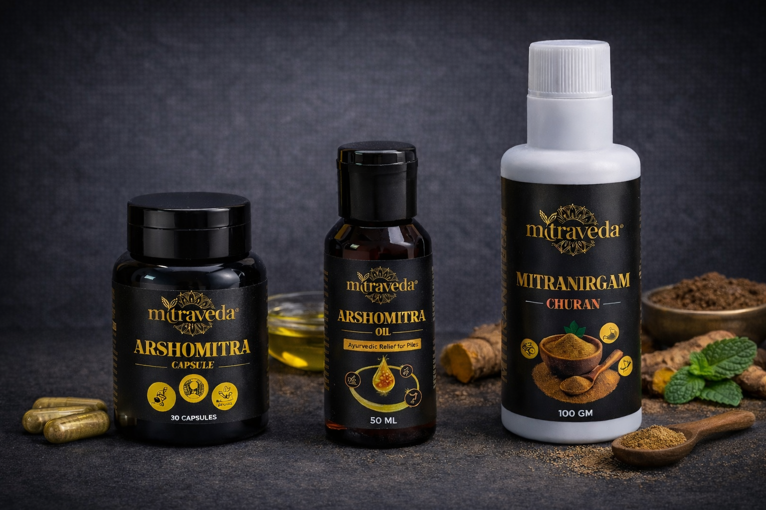 Three Mitraveda products including capsules, oil, and churan on a dark background